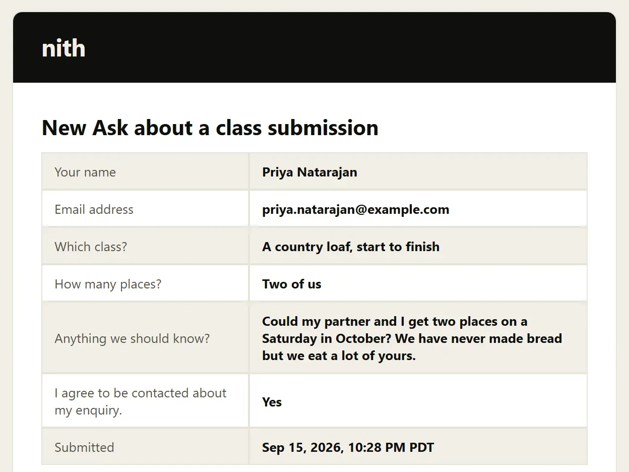 The email Halden Bakehouse gets when someone asks about a place on a class.