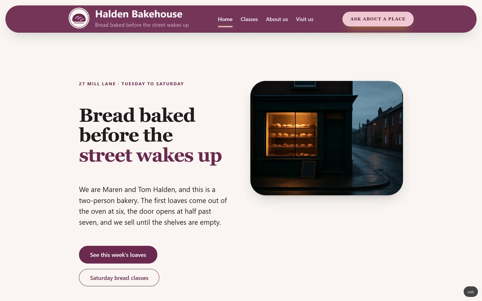 Halden Bakehouse's home page on a laptop, with its street address, a photo of the shop front and two buttons.
