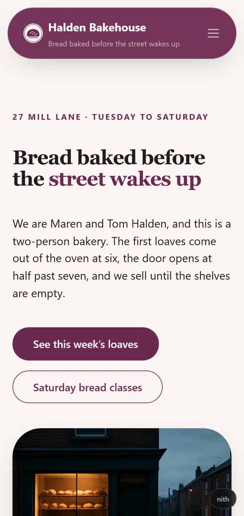 Halden Bakehouse's home page on a phone.
