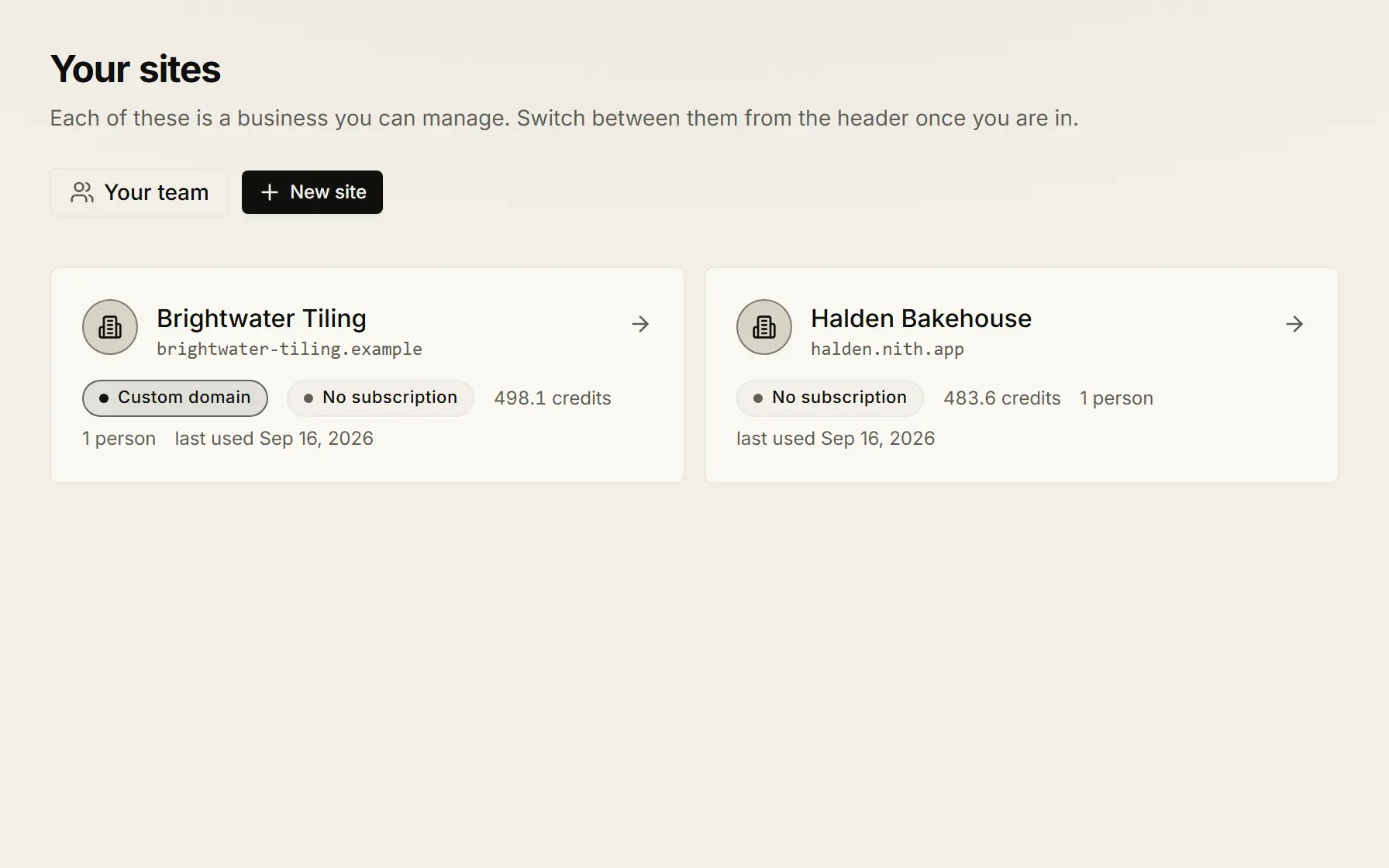 A site manager's list of client sites in nith, some on nith.app addresses and some on their own domains.
