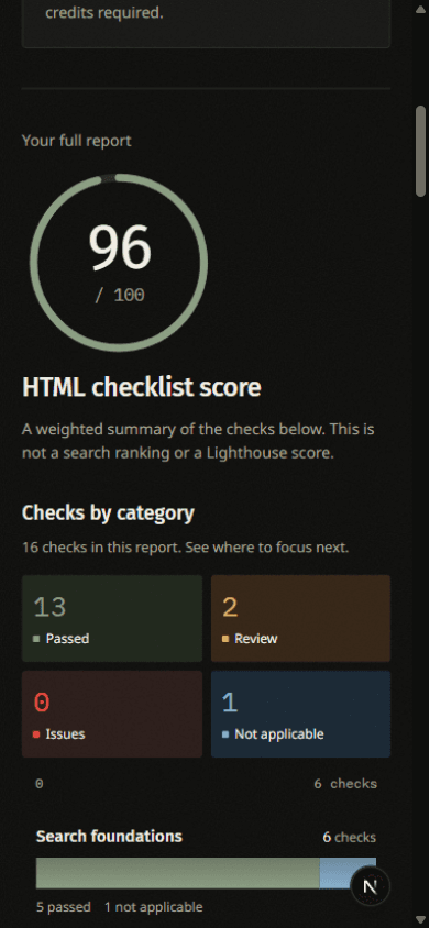 A mobile HTML checklist report for nith.app with categorized findings.