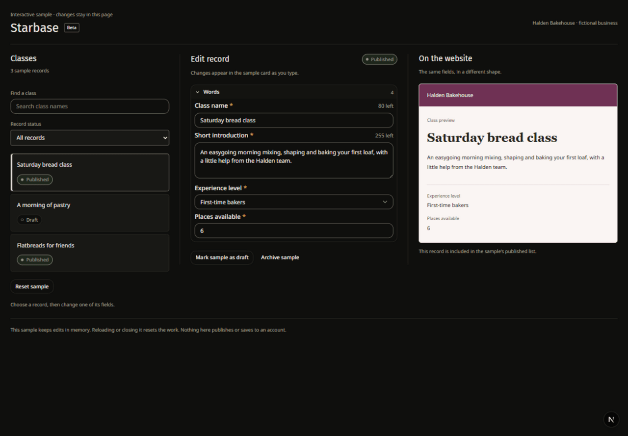 Starbase class records beside editable fields and a website card using the selected record.