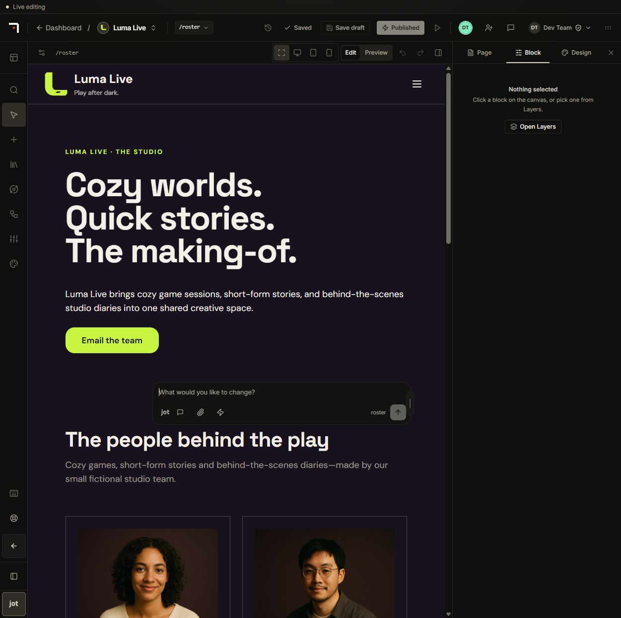 Simple Studio on the fictional Luma Live site, with page controls, canvas, inspector and Jot.