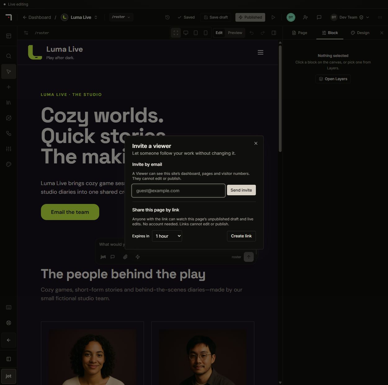 Invite a viewer with separate email and expiring page-link controls.