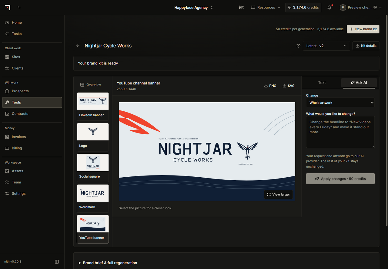 The Ask AI tab for a YouTube banner, with a Change selector set to Whole artwork, a request field, a note that the request and artwork go to the AI provider, and an Apply changes button showing its credit price.