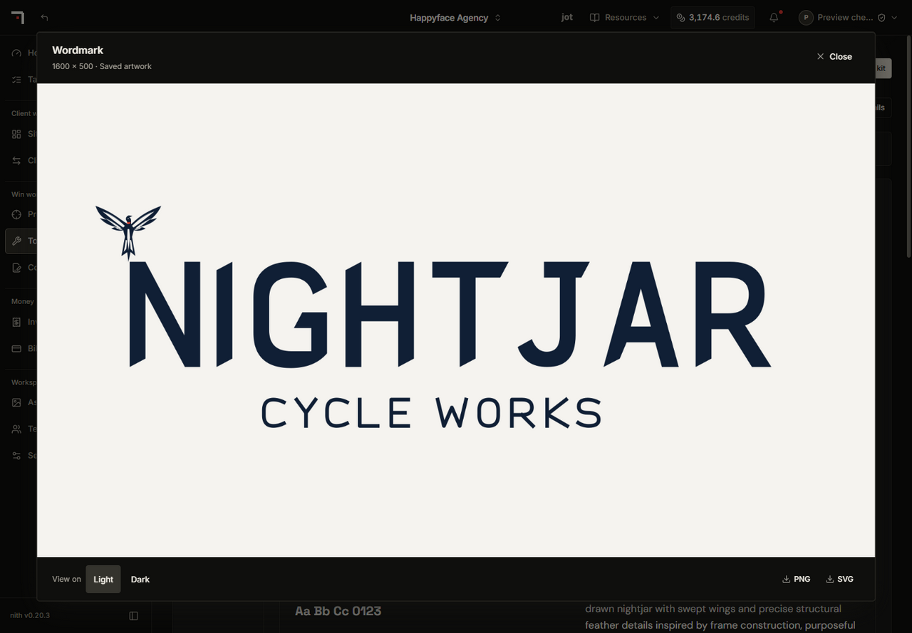 An enlarged Nightjar Cycle Works wordmark labelled 1600 × 500 saved artwork, with Light and Dark viewing backgrounds, PNG and SVG downloads and a Close button.