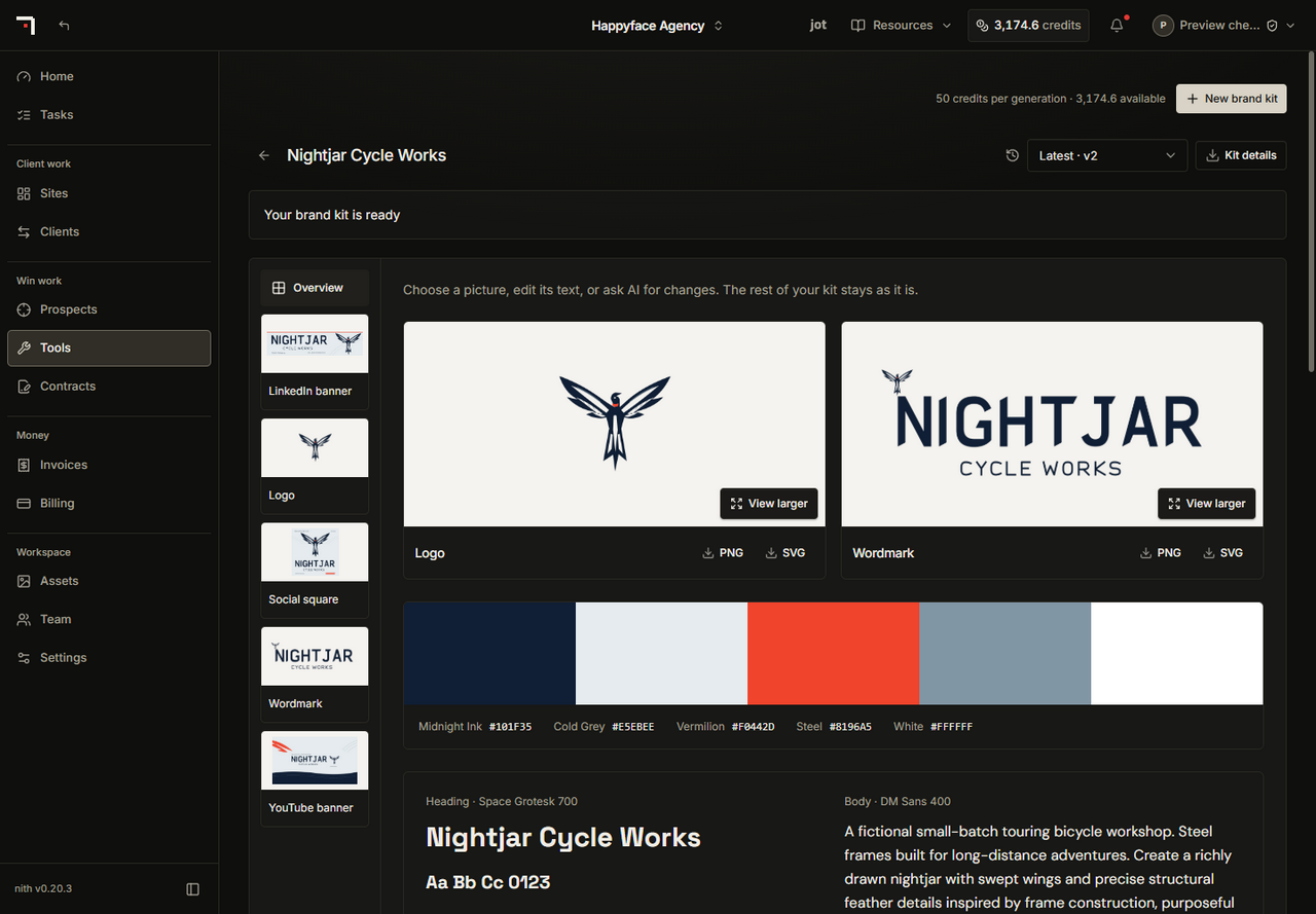 Brand kit overview for Nightjar Cycle Works with the asset list, logo and wordmark previews with View larger and PNG and SVG downloads, the five-colour palette and the heading and body fonts.