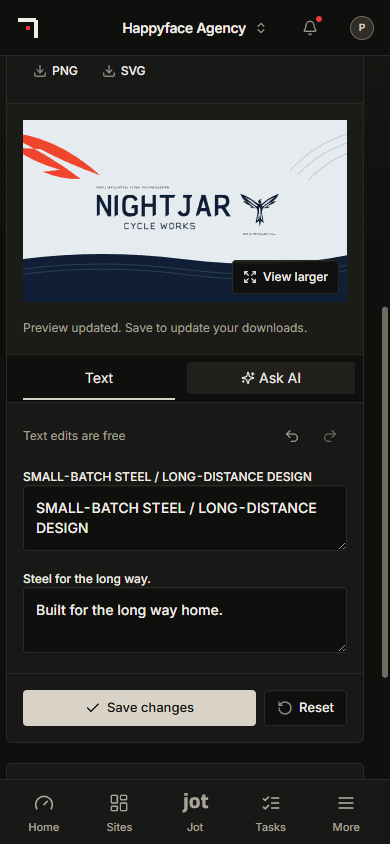 Mobile Brand kit editor for a YouTube banner with Text and Ask AI tabs, two wording fields, Undo and Redo, Save changes and Reset.