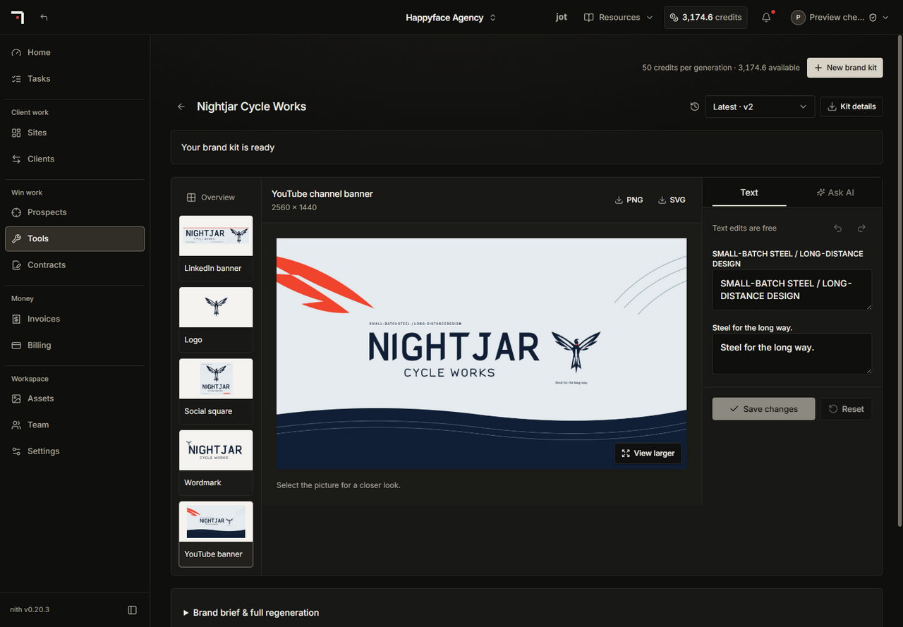 Brand kit editor for the 2560 × 1440 YouTube channel banner, with the banner preview, PNG and SVG downloads, and a Text tab holding two wording fields, Undo, Redo, Save changes and Reset.