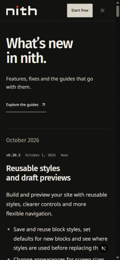 The nith release history on a phone, showing version 0.20.2.